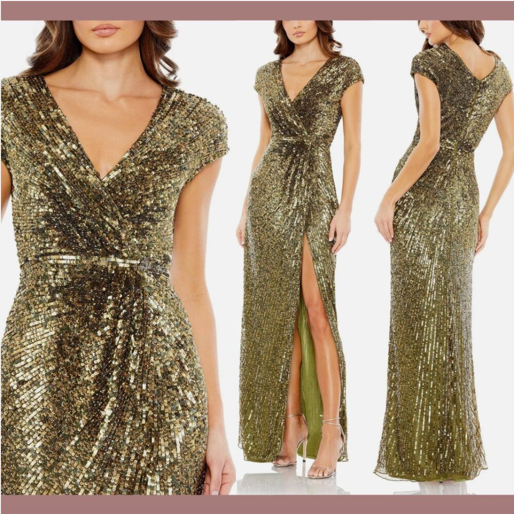 NWT‎ $598 Mac Duggal [ 2 ] Sequined Faux Wrap Cap Sleeve Gown Olive Green #Q714